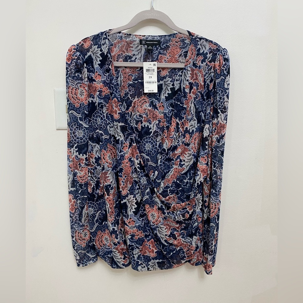 INC International Concepts Blue and Pink Wrap Blouse Long Sleeve